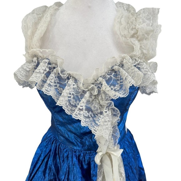 Loralie Vintage 80s Blue Lame & Lace Party Prom Dress Asymmetrical Womens Size ? - Picture 8 of 13